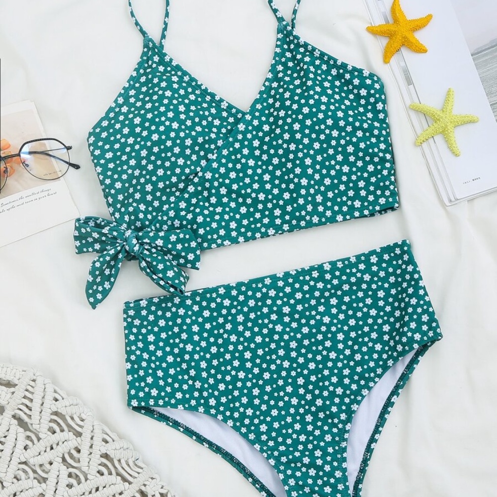 Boho Neon Pink Floral Print Tie V neck Bikini swim - Picture 4 of 6